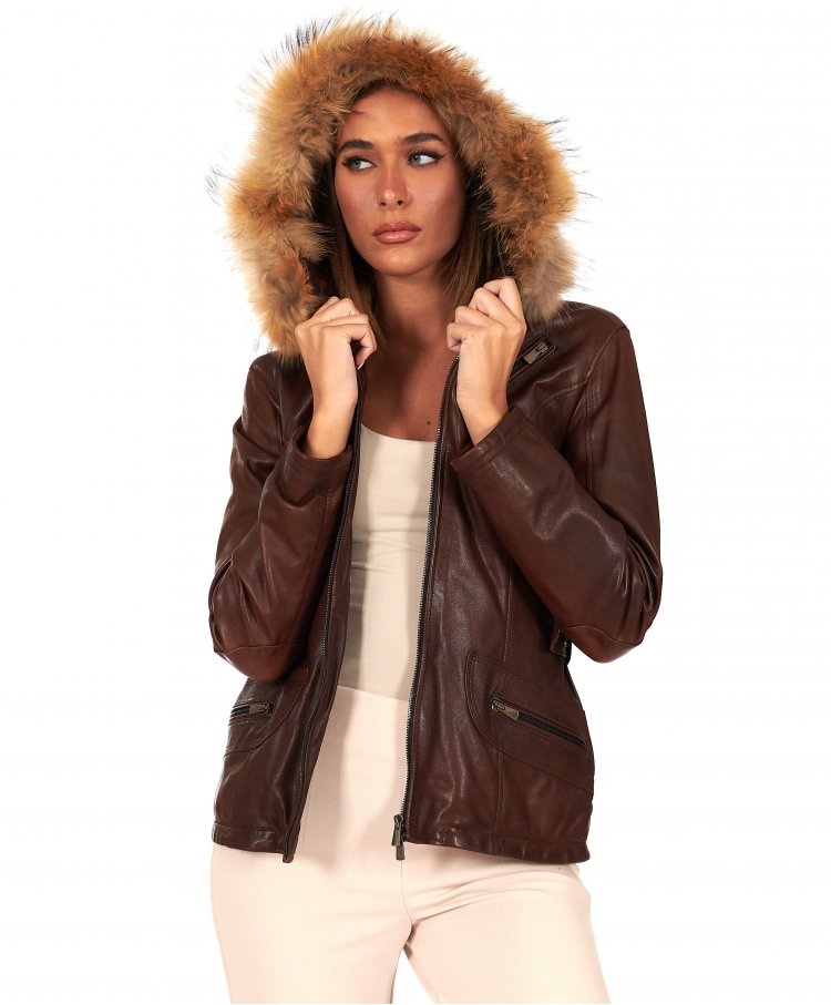 Parka in pelle marrone con...