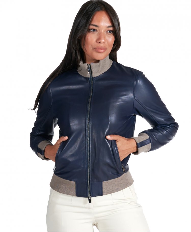 Bomber in pelle naturale blu collo in lana merino