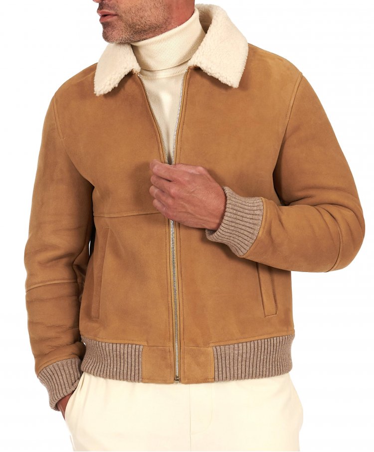 Montone Shearling beige bomber scamosciato collo camicia