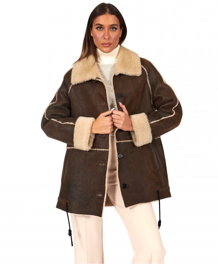 Cappotto montone shearling marrone con bottoni effetto vintage