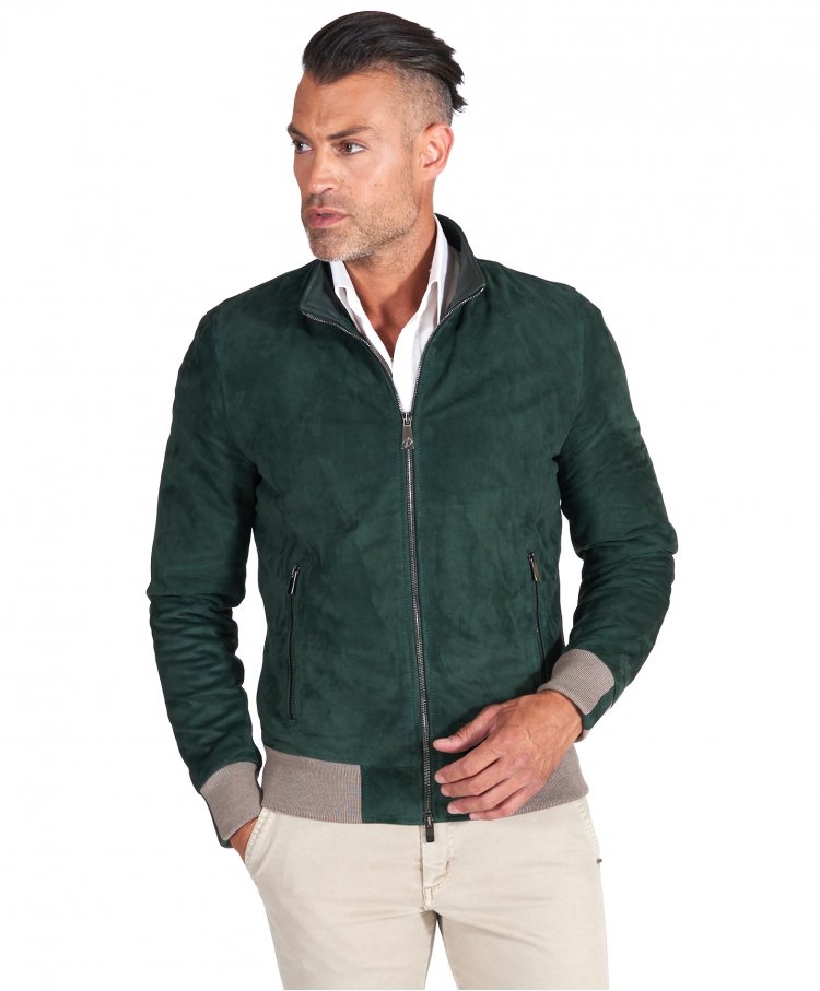 Giubbotto bomber in pelle scamosciata verde collo coreana