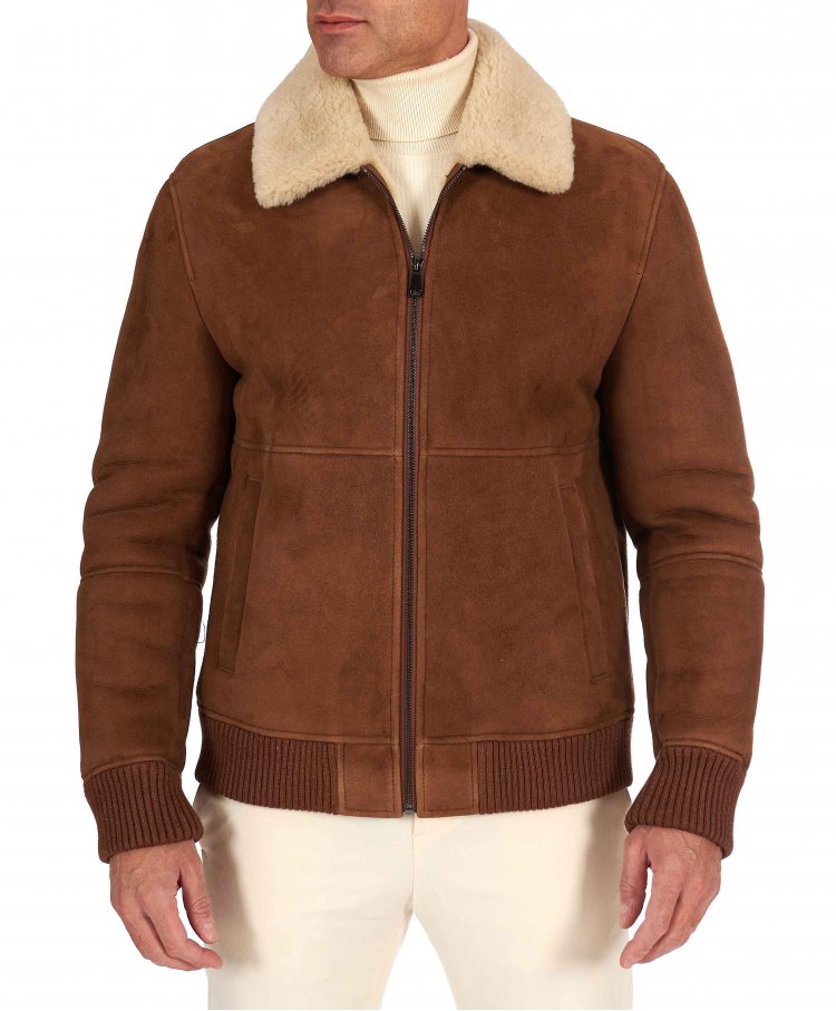 Montone Shearling color cuoio bomber scamosciato collo camicia