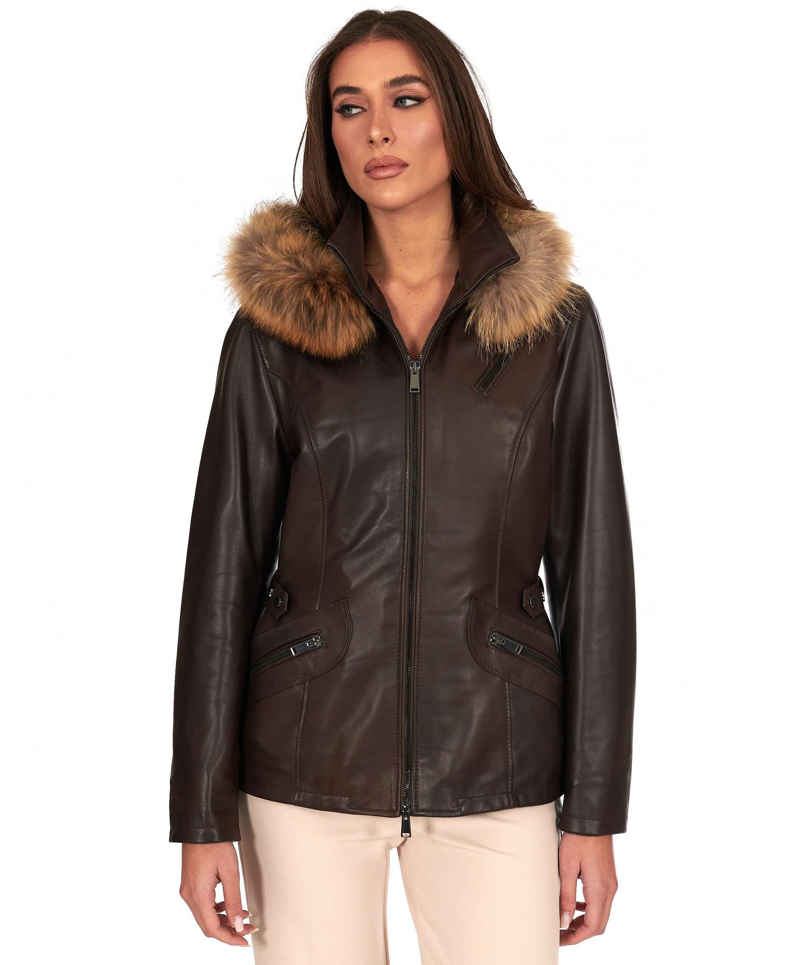 Parka in Pelle con Cappuccio da Donna