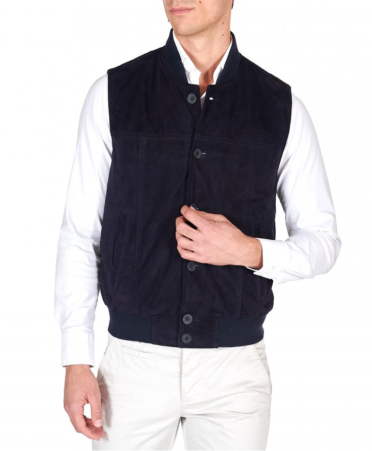 Gilet in pelle camoscio blu...