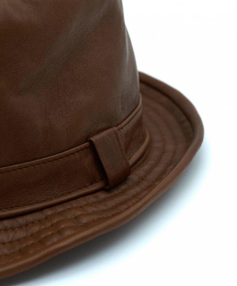 New York - Cappello da uomo in pelle vintage marrone stile borsalino