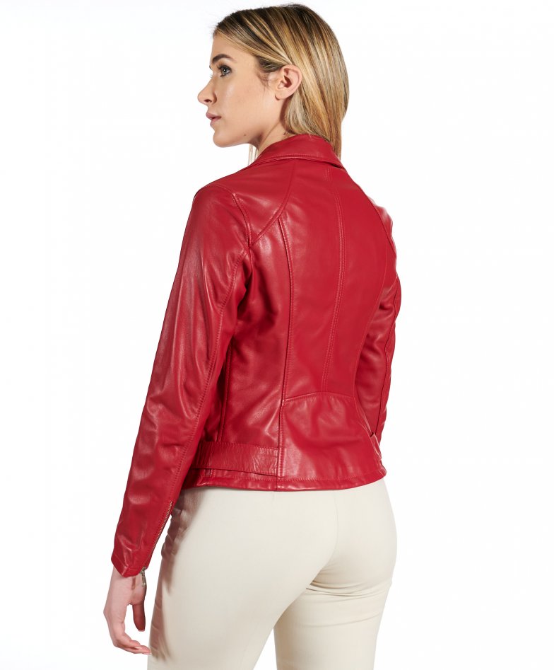 Chiodo biker - Chiodo biker in pelle rossa con cintura effetto liscio