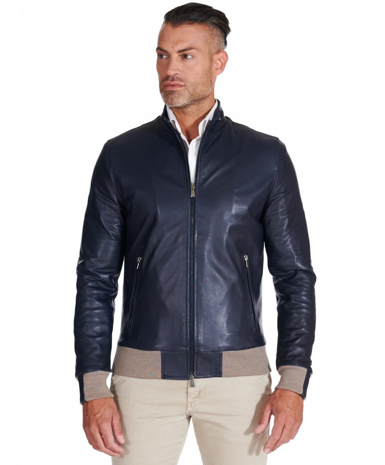 106 - Giubbotto bomber in pelle naturale blu lana a contrasto beige